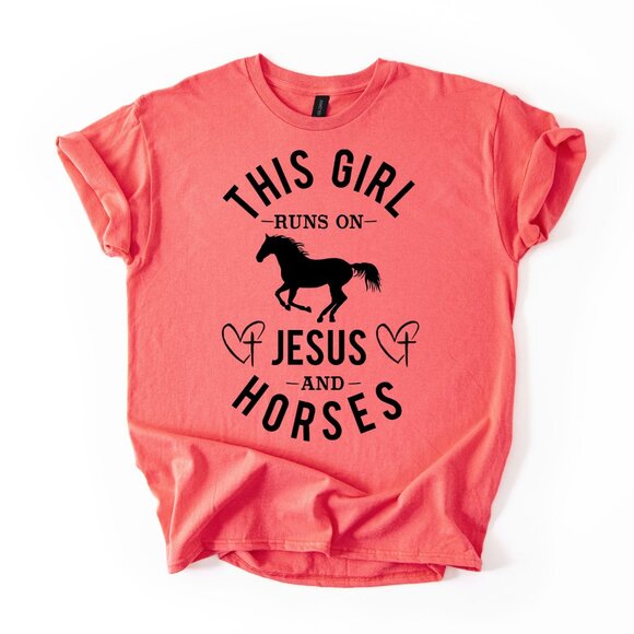 This Girl Runs On Jesus & Horses T-Shirt Christian Faith Horseback Riding Tee - Picture 1 of 3
